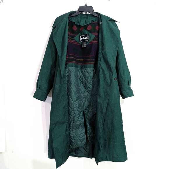 Gallery Vintage 80's Green Trench Coat - Size 4 Womens - Retro Shoulder Pads - Picture 5 of 12